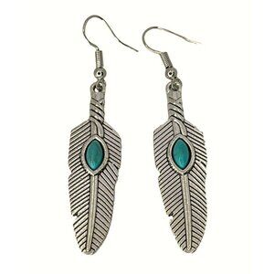 Feather Design Dangle Earrings With Turquoise Stone Inlay Silver Tone Hook